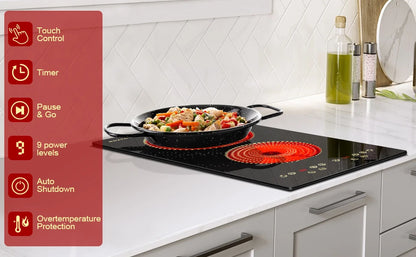 NOXTON 2-Zone Ceramic Hob – Plug-In, 99-Min Timer, Safety Lock, Countertop & Built-In, US 110V / EU-UK 220V