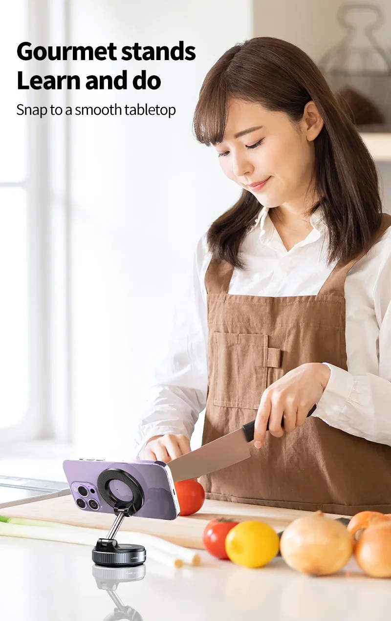 Rotating Folding Magnetic Phone Holder | Vacuum Suction MagSafe Stand for Car, Gym & Kitchen