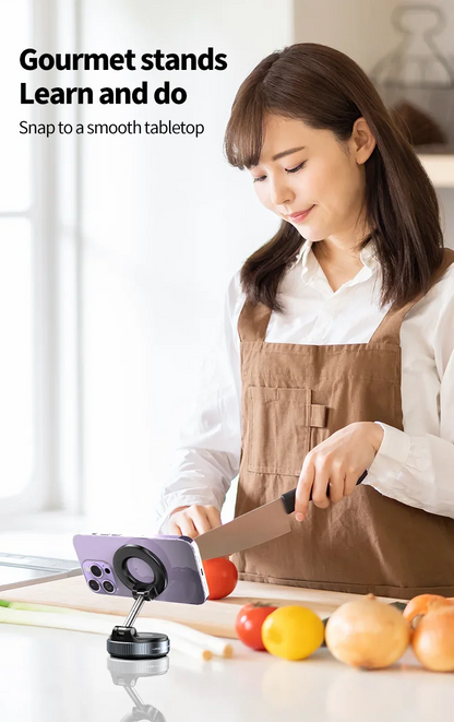Rotating Folding Magnetic Phone Holder | Vacuum Suction MagSafe Stand for Car, Gym & Kitchen