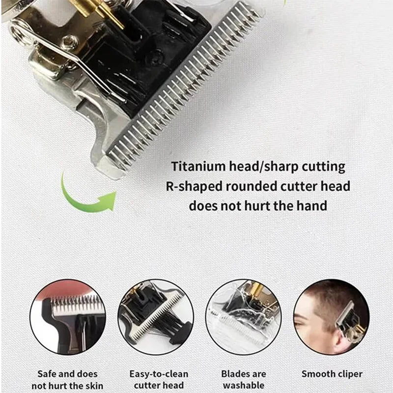 R.E.D. Shopping T9 Professional Hair Clipper with USB fast charging, beard and body trimmer, black and silver design.