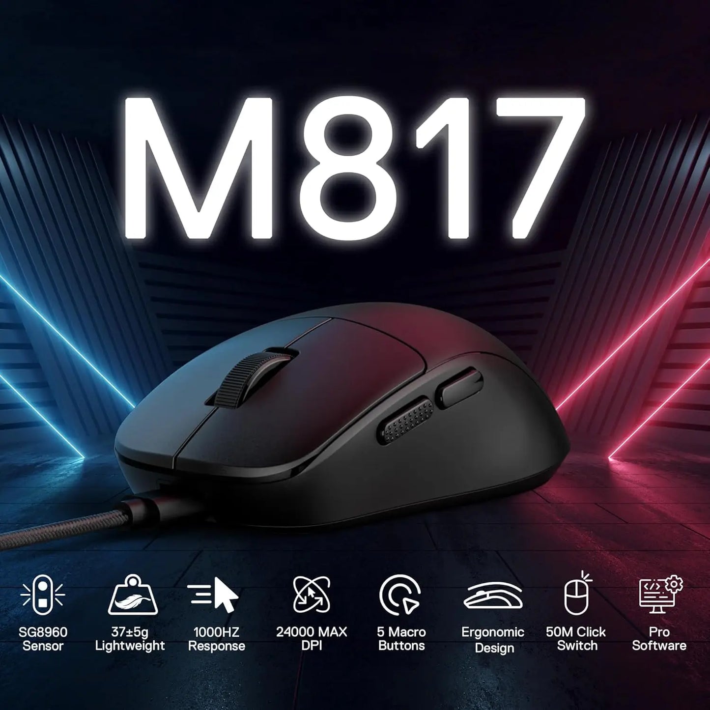 Redragon M817 Wired Gaming Mouse | 24000 DPI | 37G Ultra-Light | 5 Buttons | Ergonomic | Black Blue