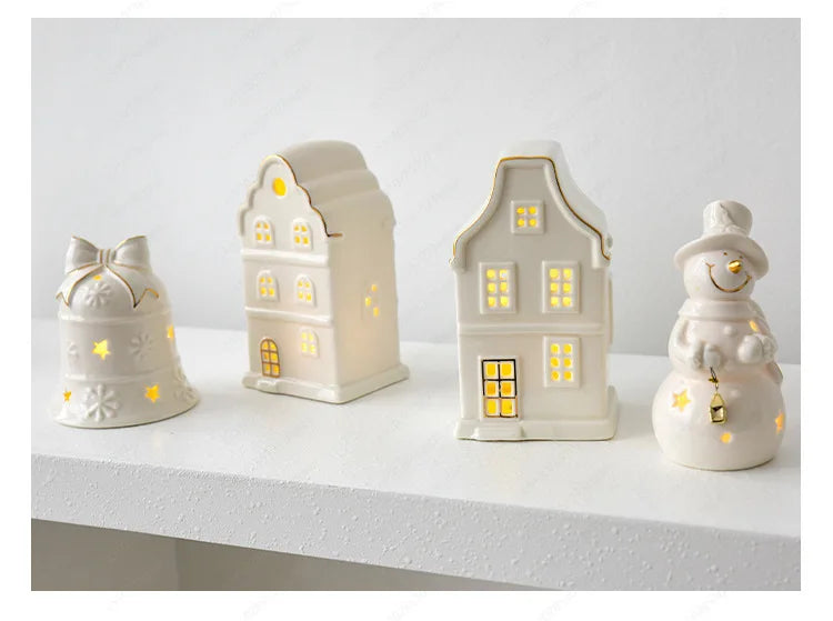 Christmas luminous snow house ceramic ornament with LED lighting, ideal for holiday tabletop decor by R.E.D. Shopping.