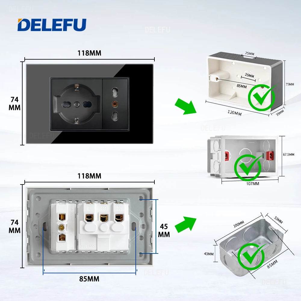 DELEFU Black Tempered Glass Wall Socket – USB Type-C Fast Charging Schuko & Italy