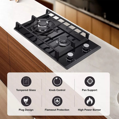 TopStrong 2-Burner Built-In Gas Hob 30cm – Tempered Glass, NG/LPG Dual Fuel (UKGCT-B02)