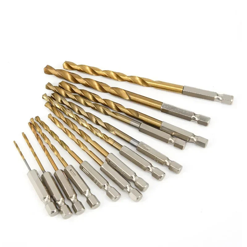 13/16-Piece HSS Titanium Coated Drill Bit Set – 1/4" Hex Shank 1.5–6.5mm