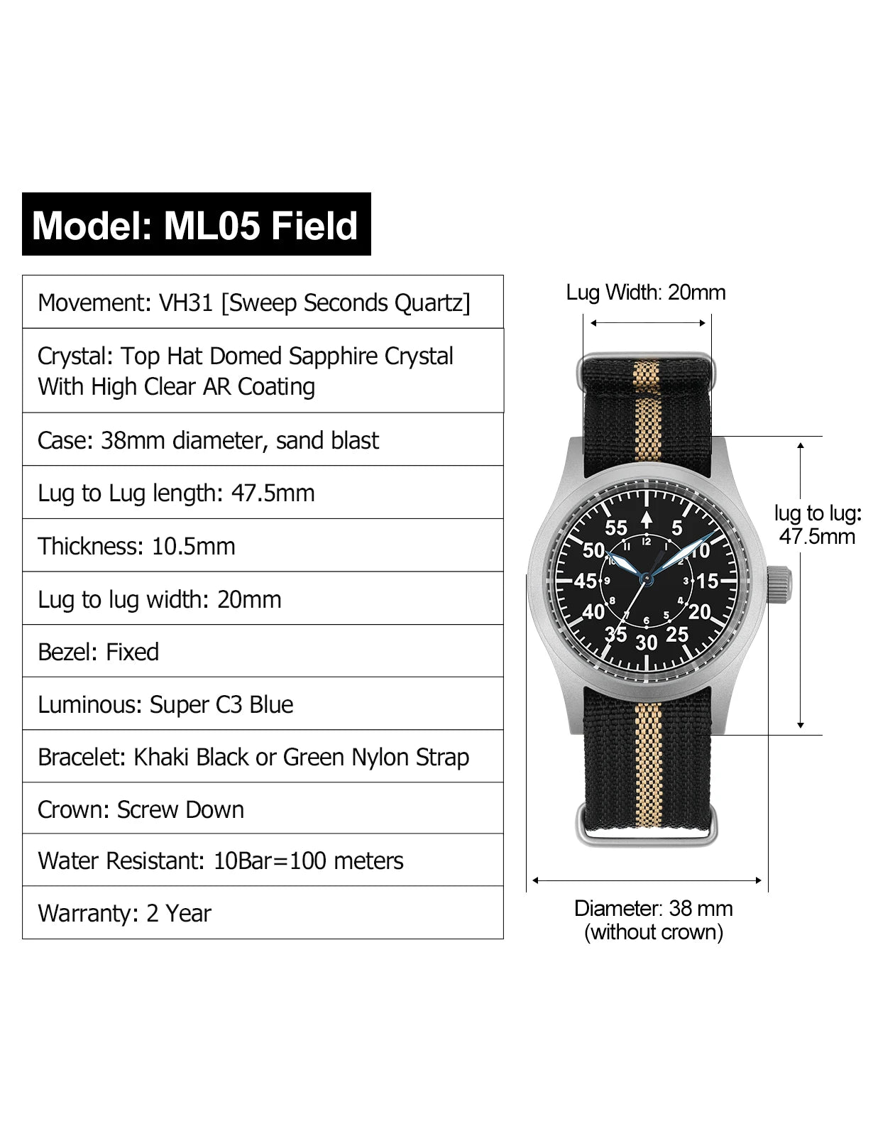 Militado ML05 Vintage Field Watch – 38mm, VH31 Sweep, Sapphire AR Crystal, Luminous