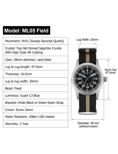 Militado ML05 Vintage Field Watch – 38mm, VH31 Sweep, Sapphire AR Crystal, Luminous