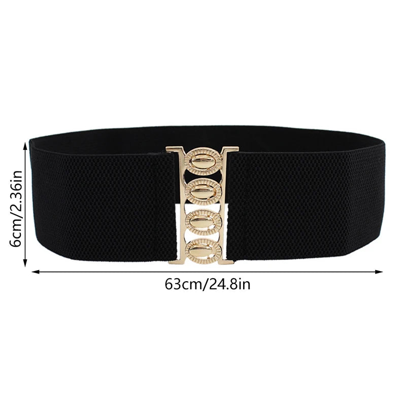 Women's wide elastic waist belt with metal buckle, corset style cinch belt, R.E.D. Shopping apparel and clothing accessory