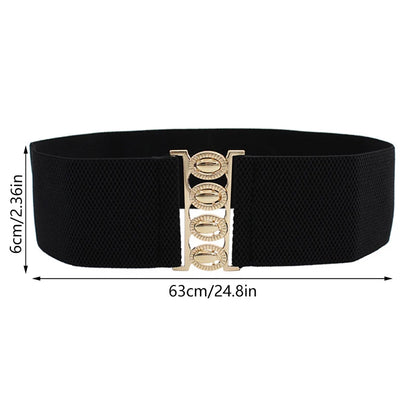 Women's wide elastic waist belt with metal buckle, corset style cinch belt, R.E.D. Shopping apparel and clothing accessory