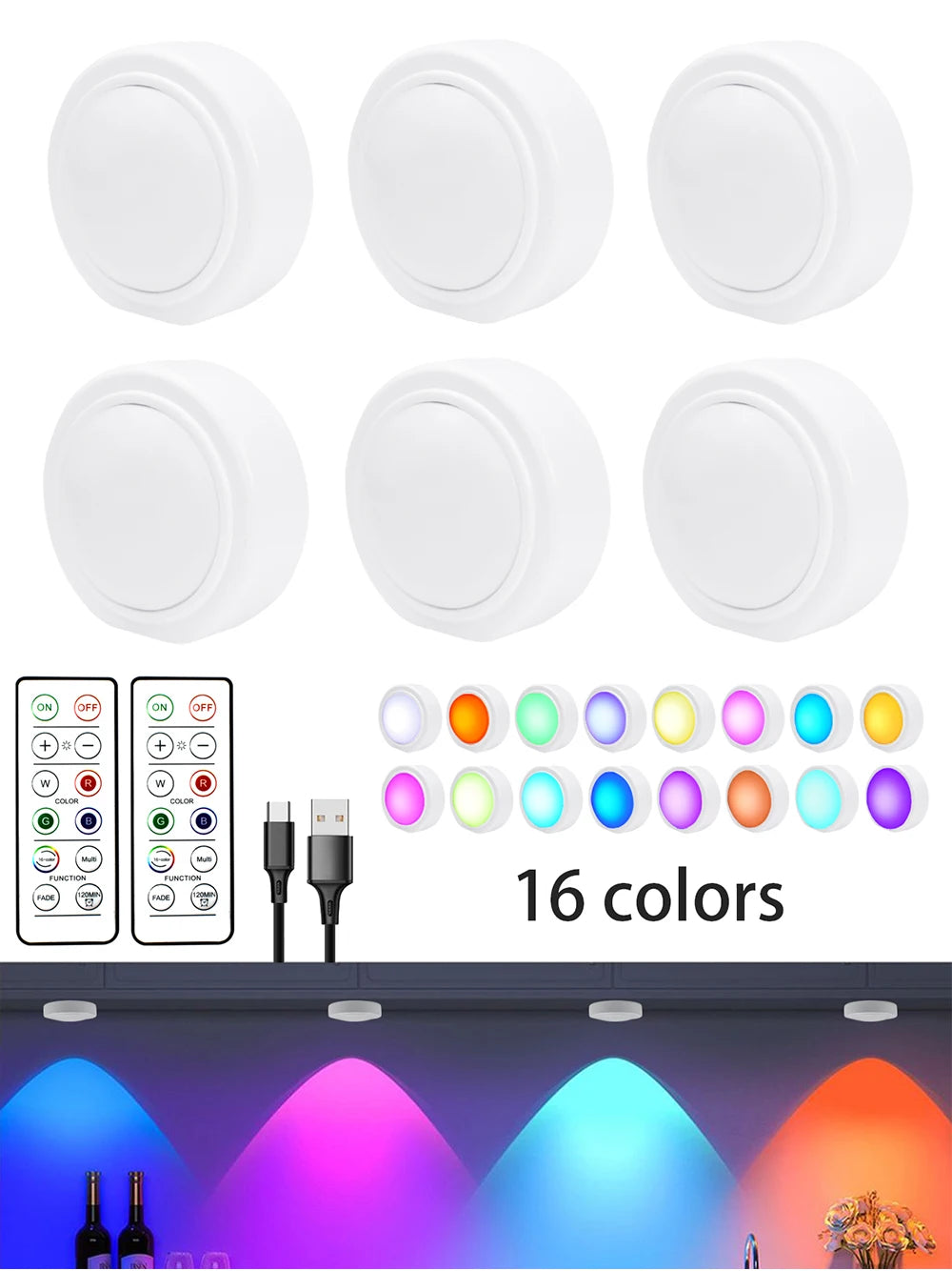RGB LED Under Cabinet Light – 16 Colors, USB Rechargeable, Remote Control