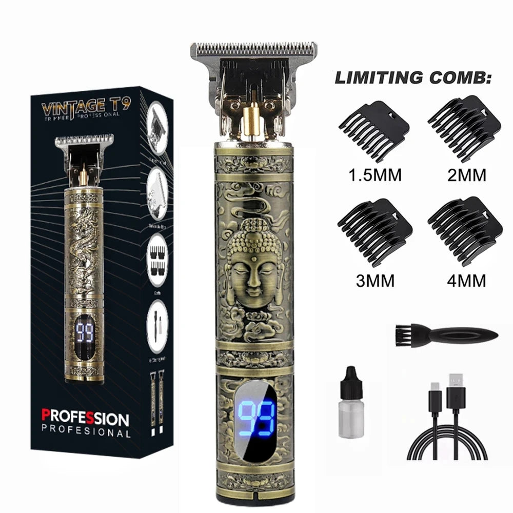 R.E.D. Shopping T9 LCD electric hair clipper with oil head precision trimmer for men, featuring LCD display and sleek design.