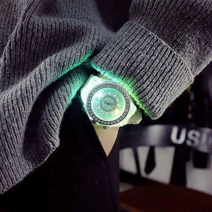 LED Flash Luminous Watch by R.E.D. Shopping with rhinestone accents and silicone strap, designed for kids and adults.