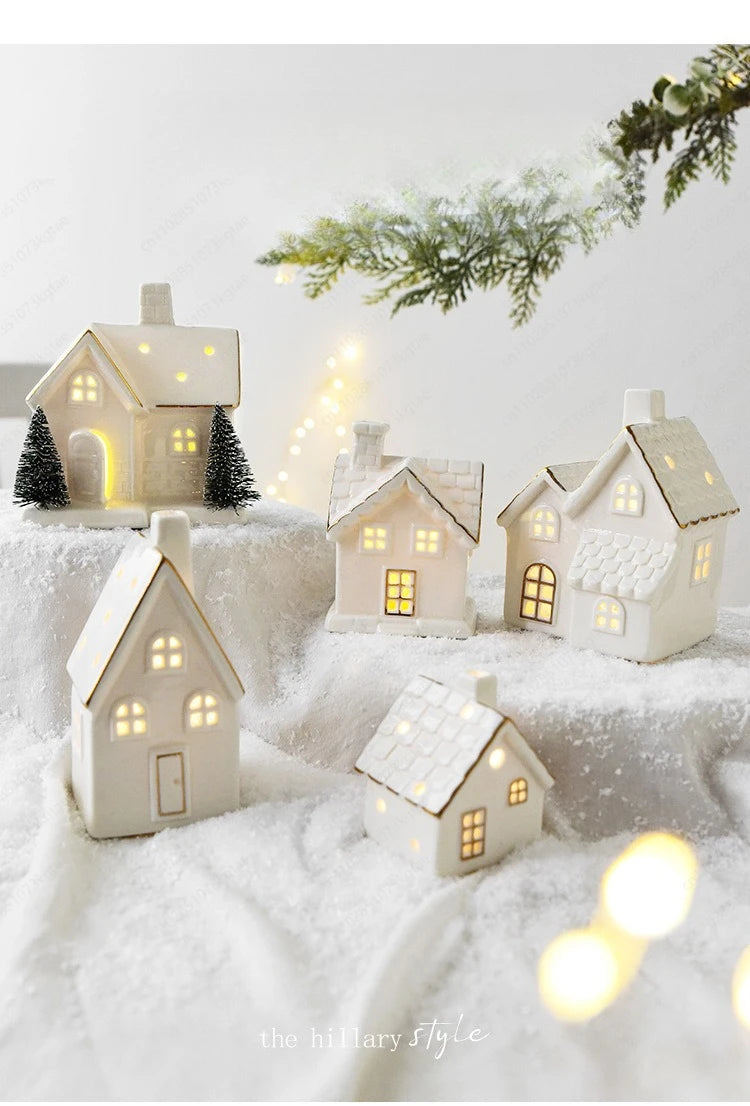 Luminous ceramic Christmas snow house ornament from R.E.D. Shopping, LED tabletop decor with festive holiday design.
