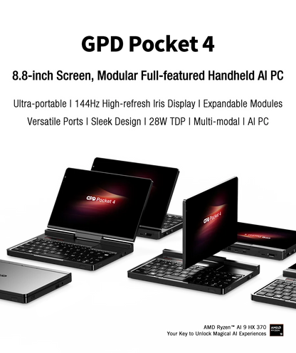 GPD Pocket 4 2025 Mini Laptop – 8.8" 2K 144Hz, AMD AI 9 HX 370, 16–64GB RAM, 1–2TB SSD, Win11