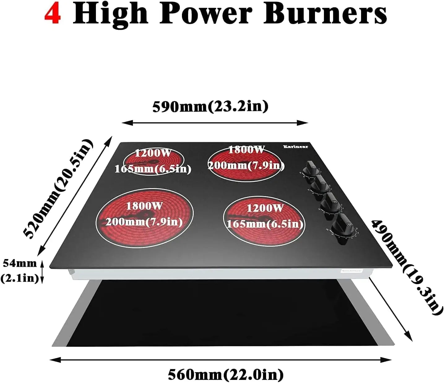 Karinear 4-Burner Electric Cooktop 24" | 6000W | 220-240V | Knob Control
