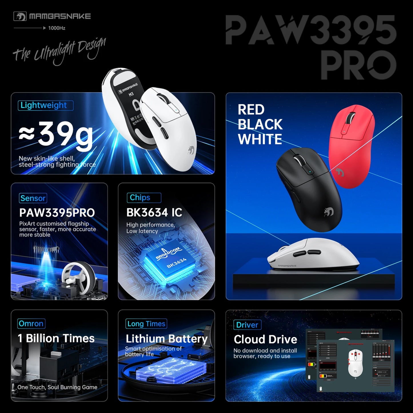 ATTACK SHARK × MAMBASNAKE M3 Superlight Gaming Mouse | 39g | PAW3395PRO | 40000 DPI | 200Hr Battery
