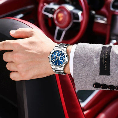 POEDAGAR Men's Luxury Chronograph Watch – Stainless Steel, Waterproof, Luminous, Date