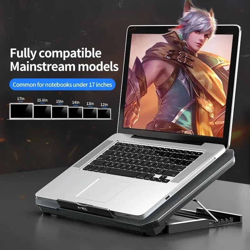 R.E.D. Shopping Q100 17-inch gaming laptop cooling pad with LED screen, dual USB ports, and 2600RPM fan stand.