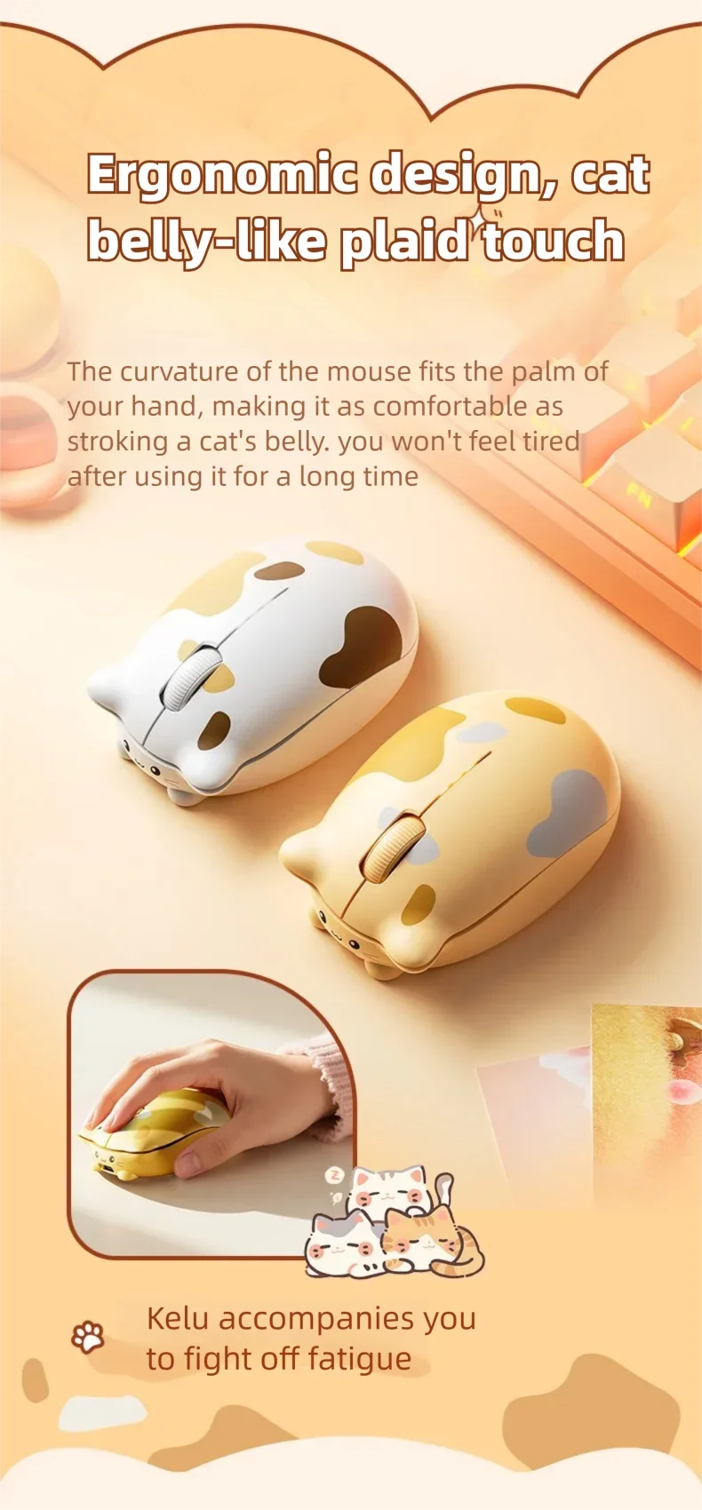 INPHIC Kalo Cute Cat Bluetooth Wireless Mouse – Silent, 2400 DPI, Rechargeable, for PC & iPad