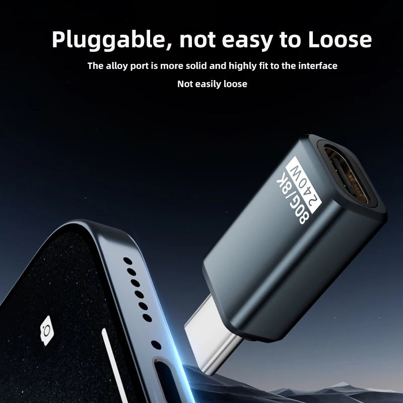 R.E.D. Shopping PD240W 80Gbps USB-C adapter showing sleek black design, connected to a laptop with 8K display and fast charging features.