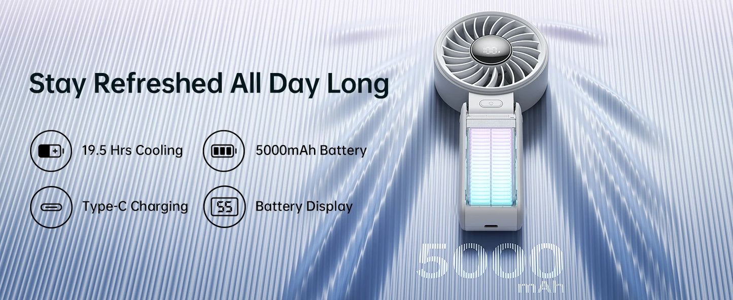 JISULIFE 3-in-1 Portable Handheld Fan – 5 Speeds, LED Display, 3600/5000mAh, Hand/Desk/Neck