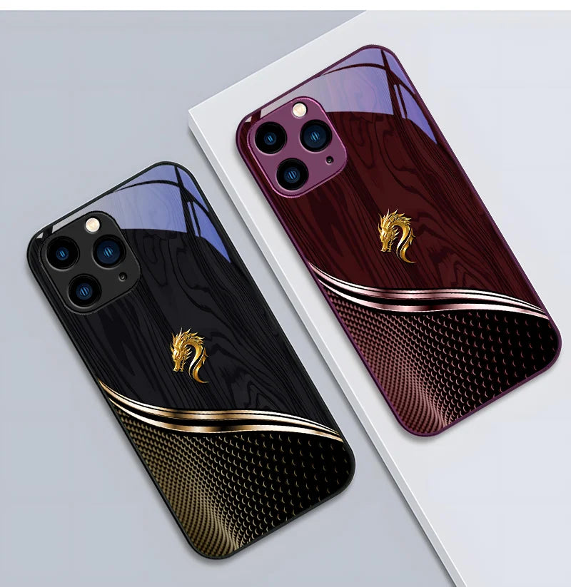 Wood grain dragon rose design iPhone case by R.E.D. Shopping, tempered glass protective cover with artistic floral and dragon pattern.