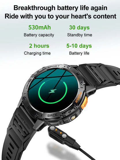 AMOLED Smart Watch for Men – Flashlight, Sports, Waterproof, Bluetooth Call + Box