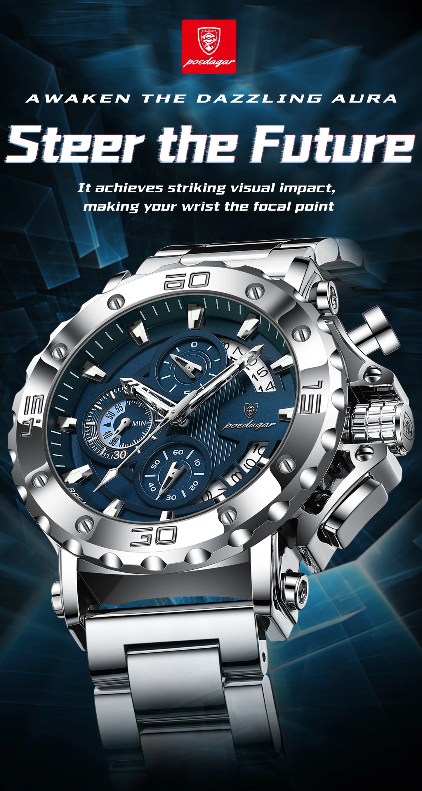 POEDAGAR Men's Luxury Chronograph Watch – Calendar, Luminous, Waterproof, Stainless Steel Quartz