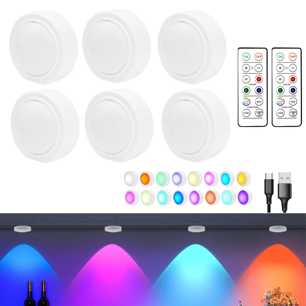 RGB LED Under Cabinet Light – 16 Colors, USB Rechargeable, Remote Control