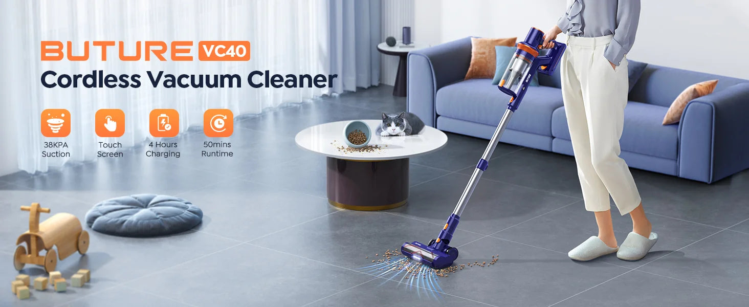 R.E.D. Shopping BUTURE 450W cordless vacuum cleaner with 38Kpa suction, 1.2L dust cup, and removable battery in action.