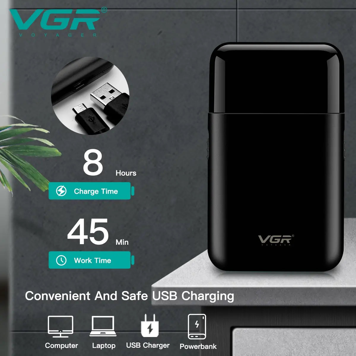 VGR professional electric shaver and beard trimmer for men, compact portable design with USB charging in black and silver.
