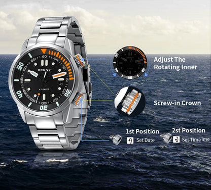 BERNY Automatic Dive Watch – Sapphire Crystal, 200M Water Resistant, NH35 Movement