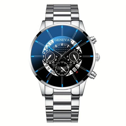 Men's Quartz Watch Set – 3-Piece Stainless Steel Strap, Circular Dial, Date Function