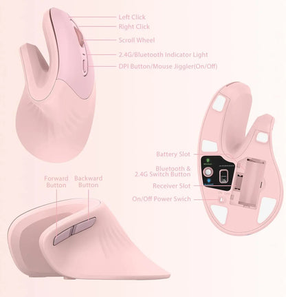 Seenda Bluetooth Vertical Ergonomic Mouse – Dual Mode 2.4G + BT, Silent, 2400 DPI, Mouse Jiggler, 3-Device Switch