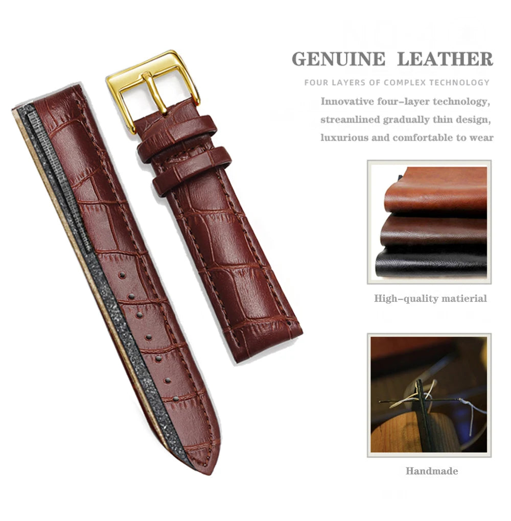Premium Genuine Leather Watch Strap | 12–24mm, 9 Colors + Tool