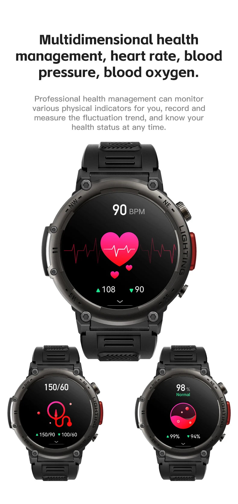 Imosi Outdoor Smart Watch with Flashlight – Sport Fitness Tracker, Blood Pressure, IP67