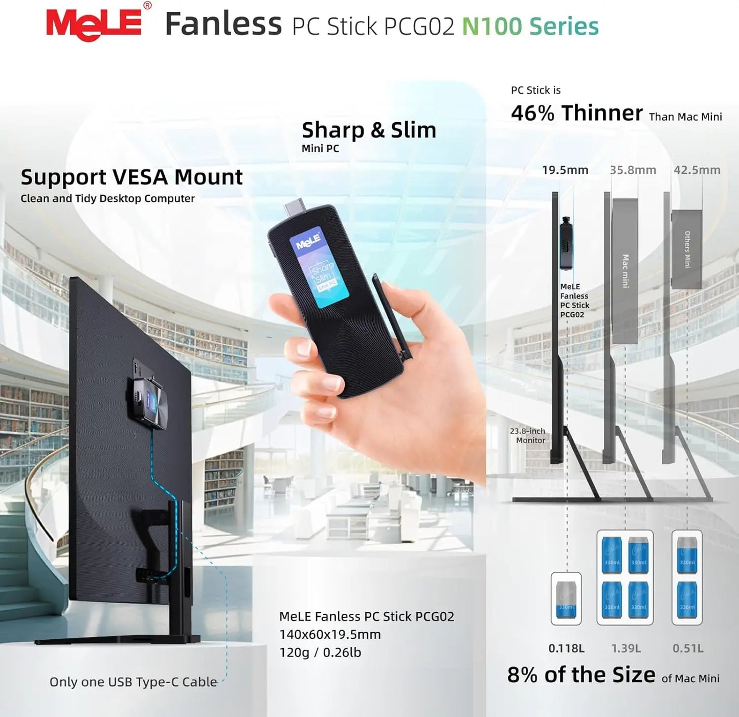 MeLE PCG02 Mini PC Stick – Intel N100, 8GB LPDDR4x, 256GB SSD, 4K HDMI, PXE, Windows 11