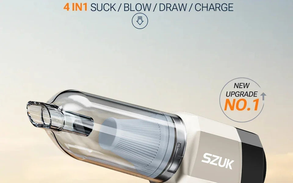 R.E.D. Shopping SZUK portable car vacuum cleaner with 100W power, 15KPa suction, 3-in-1 wireless handheld design.