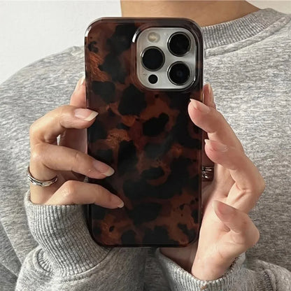 Retro Amber Texture Laser Phone Case | Stylish Leopard Print Soft Cover for iPhone 7-17 Pro Max, XR, XS