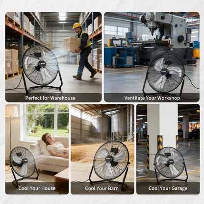 Heavy Duty Industrial Floor Fan 12–20" – 3 Speeds, 4800 CFM, 360° Tilt, High Velocity