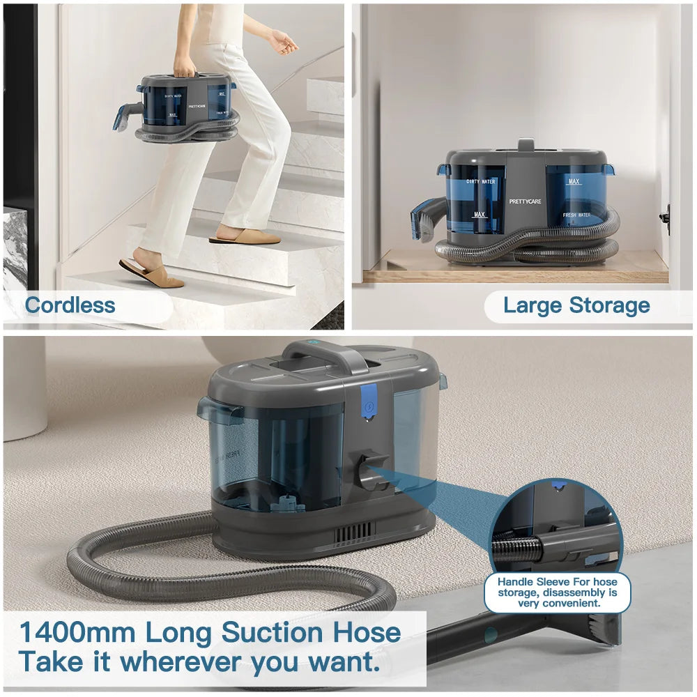 PrettyCare PC808 Cordless Carpet & Spot Vacuum Cleaner – 1.4m Hose, Wet Sprayer for Sofa & Car
