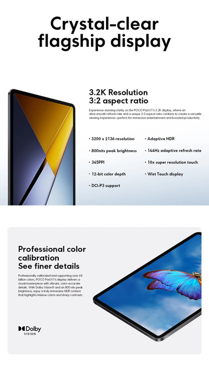 POCO Pad X1 Global – 11.2" 3.2K 144Hz, Snapdragon 7+ Gen 3, 8GB+512GB, 8850mAh, 45W