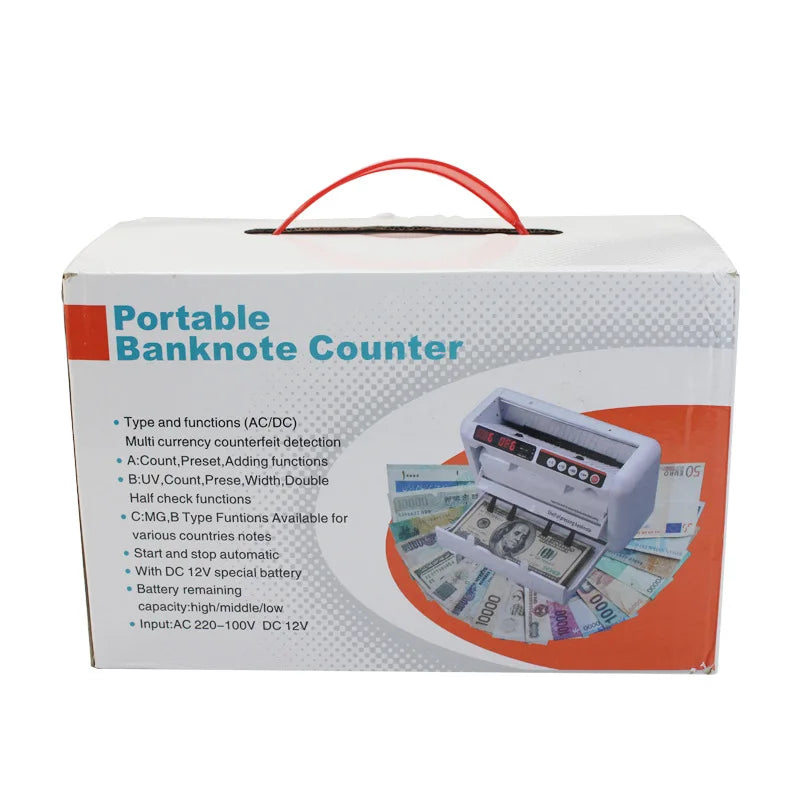 Portable R.E.D. Shopping K-1000 UVMG money counter with multi-currency bill detection and built-in battery for retail use.