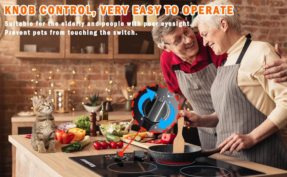 Karinear 4-Burner Electric Cooktop 24" | 6000W | 220-240V | Knob Control