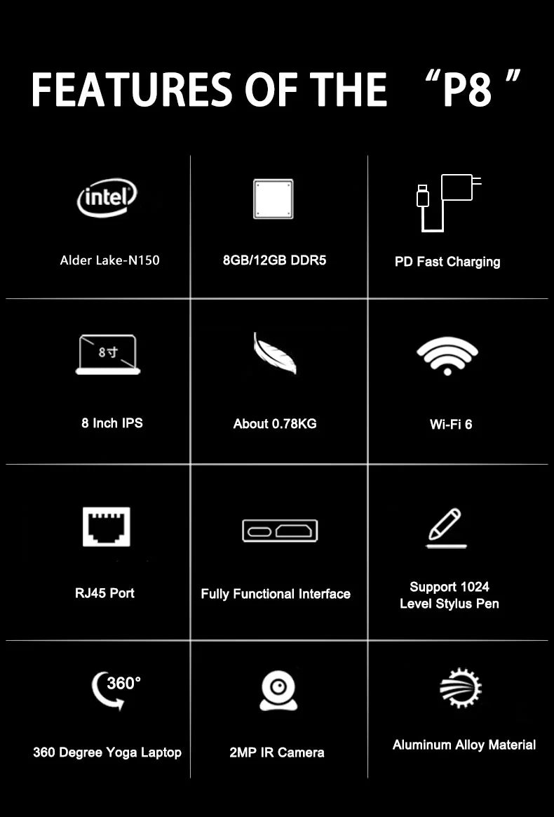 CRELANDER P8 Mini Laptop 8" – 360° Touchscreen, Intel N150, 12GB DDR5, up to 1TB SSD, WiFi 6, Windows 11