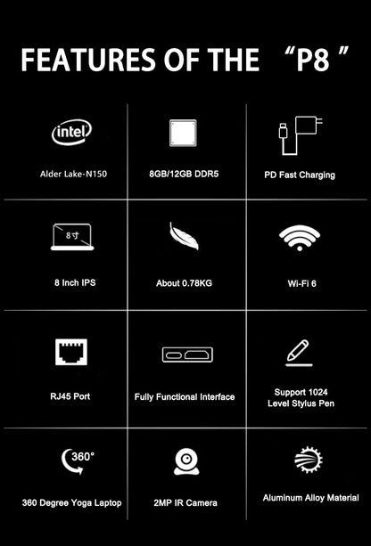 CRELANDER P8 8" 2-in-1 Mini Laptop | Intel N150 | 12GB DDR5 | Touch Screen | WiFi 6 | Win 11 | Pocket PC