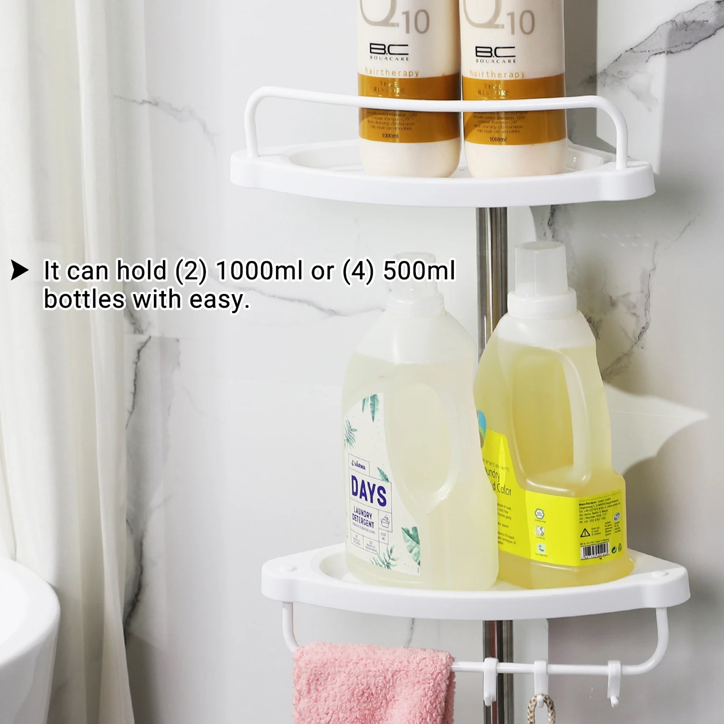 Stainless steel 4-tier adjustable shower caddy in corner installation, perfect for organizing bath essentials.
