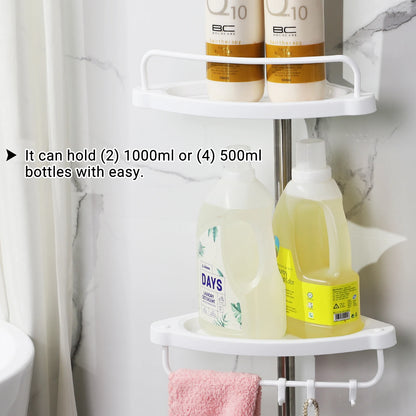 Stainless steel 4-tier adjustable shower caddy in corner installation, perfect for organizing bath essentials.