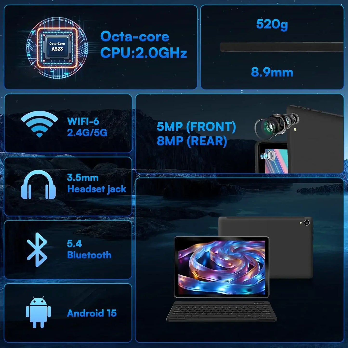 URAO 10" Android 15 Tablet – 24GB RAM, 128GB+1TB, WiFi 6, 8MP Camera, Bundle Set