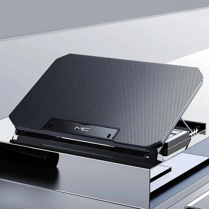 R.E.D. Shopping Q100 17-inch gaming laptop cooling pad with LED screen, dual USB ports, and 2600 RPM fan for enhanced cooling.